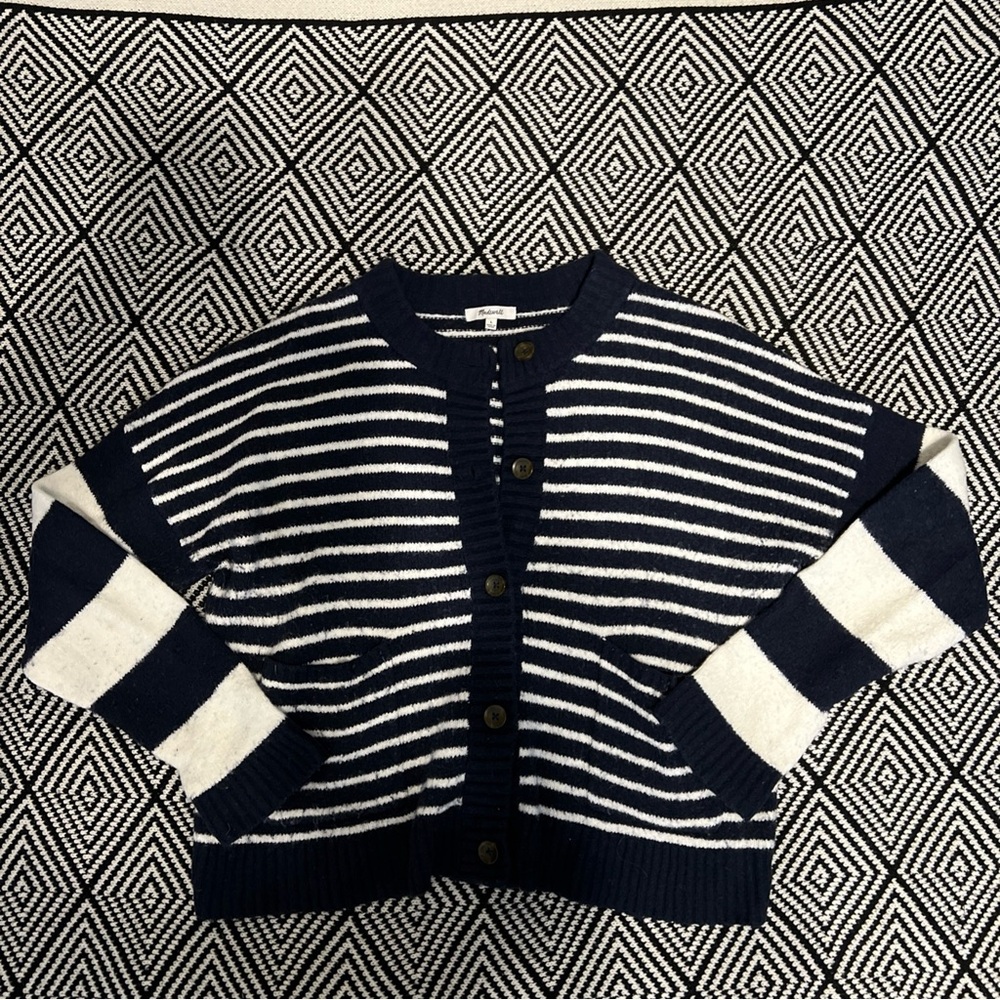 Madewell Navy and White Striped Button-Front Cardigan